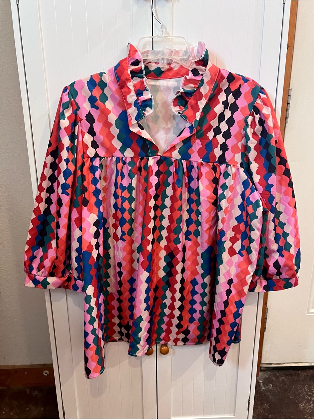 PrettyGarden Ruffled Collar Pink Geometric Blouse